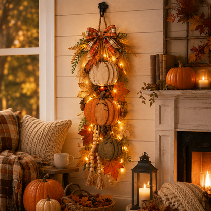 Rustic Wooden Pumpkin Door Hanging | Farmhouse Fall Decor | With or Without Warm LED Lights