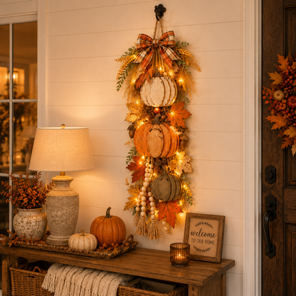 Rustic Wooden Pumpkin Door Hanging | Farmhouse Fall Decor | With or Without Warm LED Lights