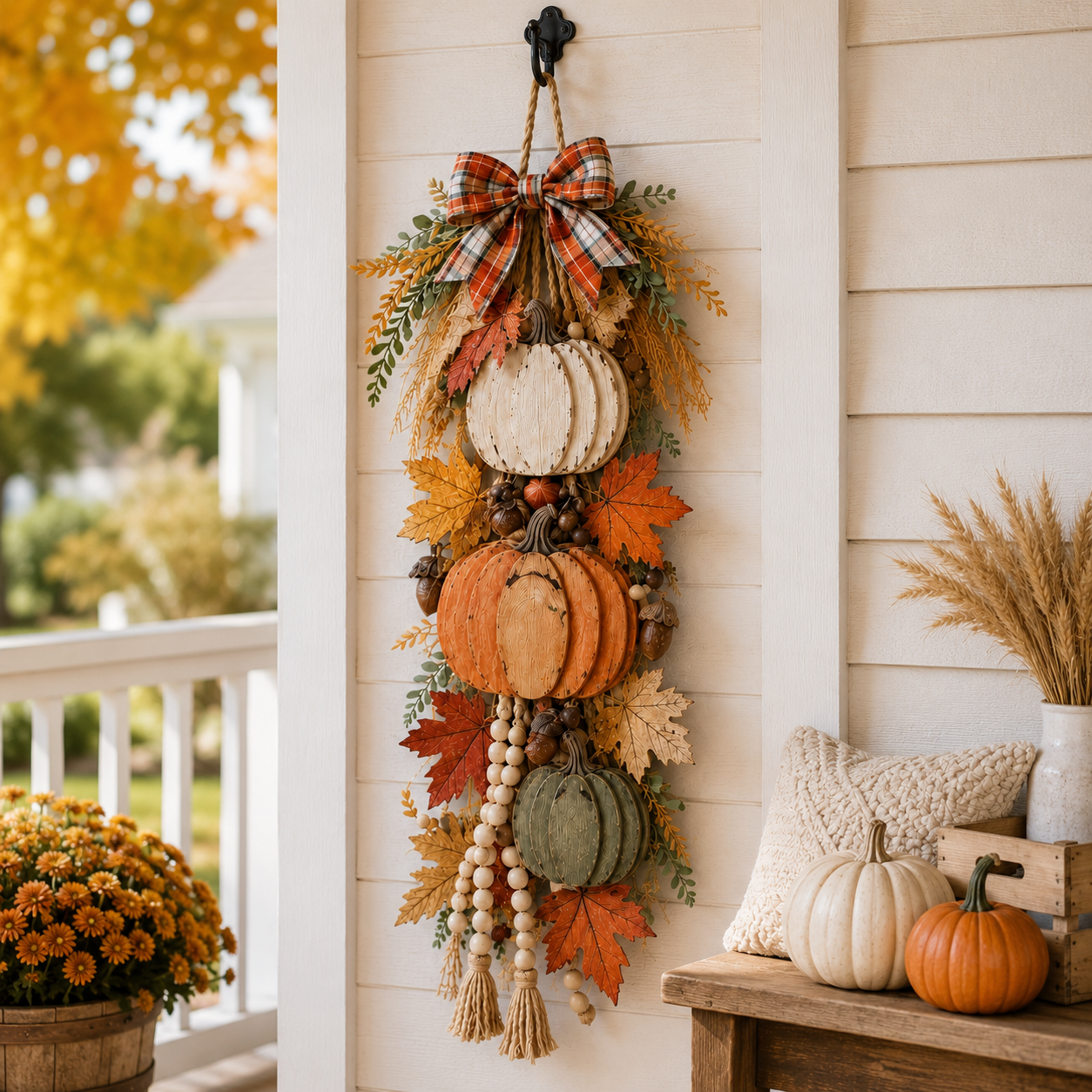 Rustic Wooden Pumpkin Door Hanging | Farmhouse Fall Decor | With or Without Warm LED Lights