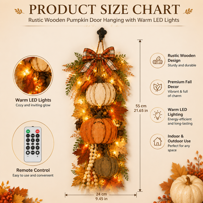 Rustic Wooden Pumpkin Door Hanging | Farmhouse Fall Decor | With or Without Warm LED Lights