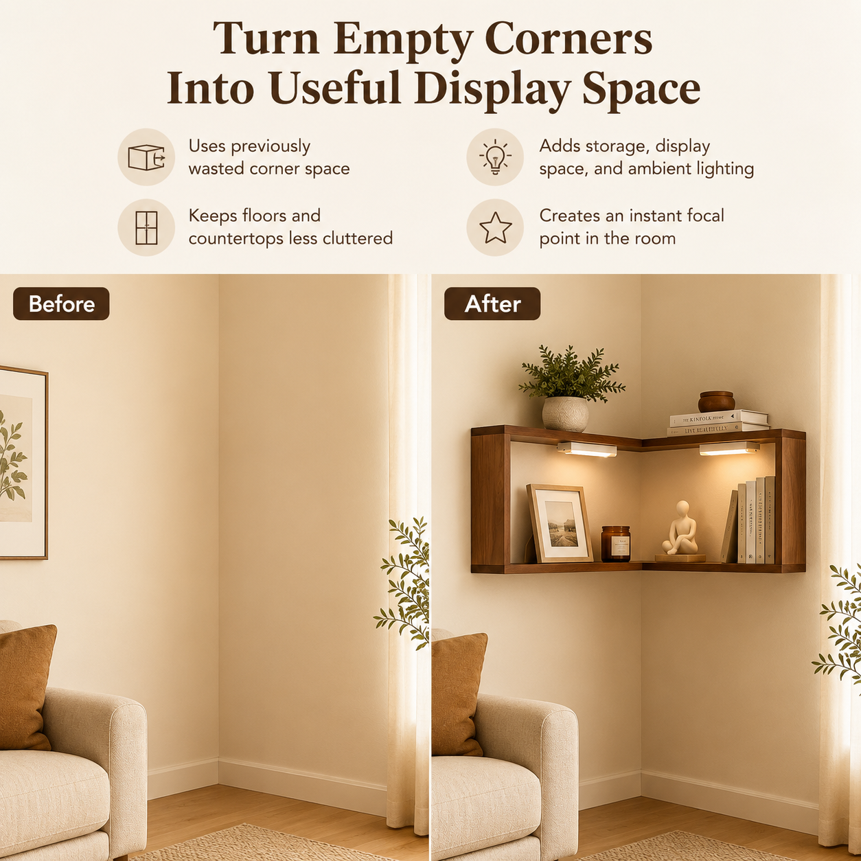 🔥 Last Day 49% OFF✨️Wooden Corner Wall Shelf with Built-in Lights