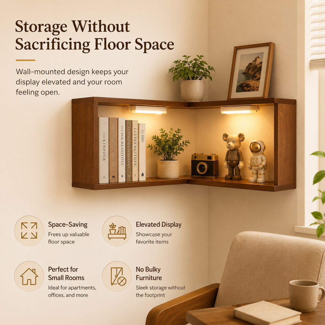 🔥 Last Day 49% OFF✨️Wooden Corner Wall Shelf with Built-in Lights