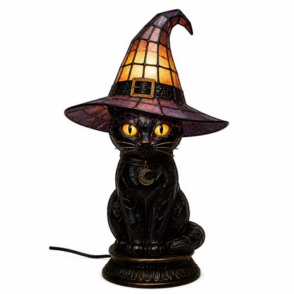 🐈 Gothic Stained Glass Witch Black Cat Table Lamp | Halloween Witch Hat Night Light Decor
