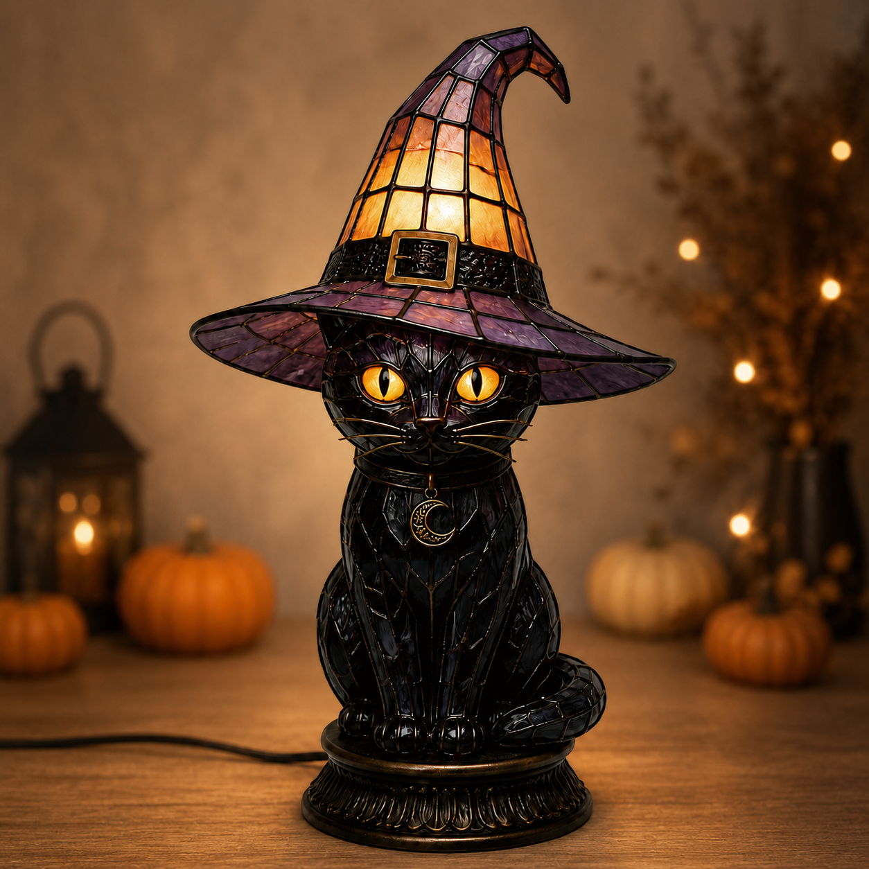 🐈 Gothic Stained Glass Witch Black Cat Table Lamp | Halloween Witch Hat Night Light Decor