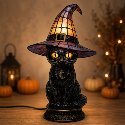 🐈 Gothic Stained Glass Witch Black Cat Table Lamp | Halloween Witch Hat Night Light Decor