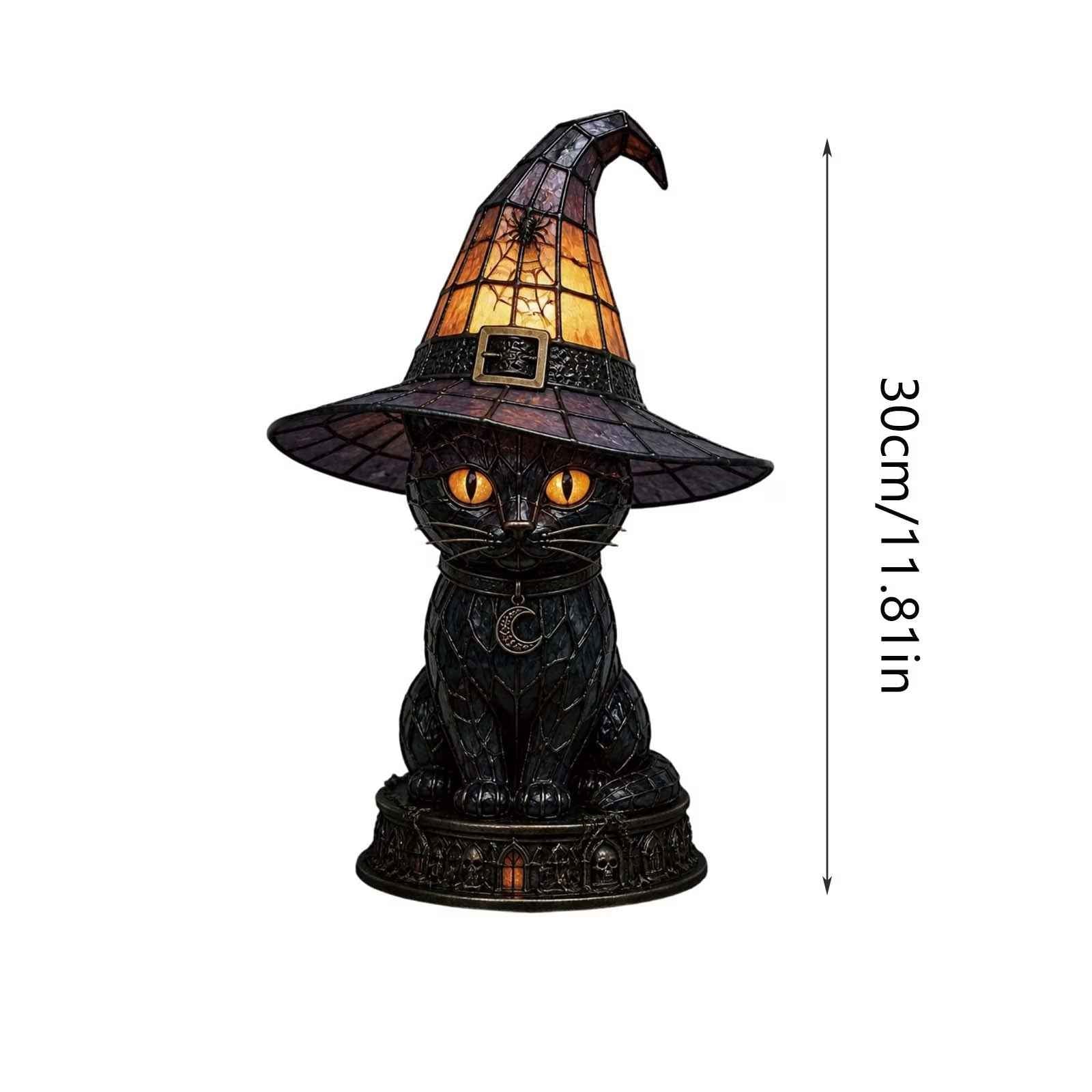 🐈 Gothic Stained Glass Witch Black Cat Table Lamp | Halloween Witch Hat Night Light Decor