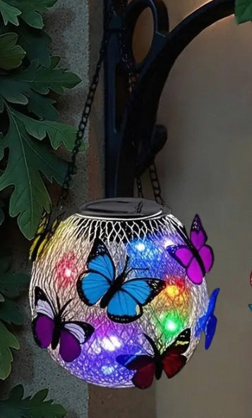 Solar Garden Pendant Light – Handcrafted Iron Art Lantern with Butterfly Decor