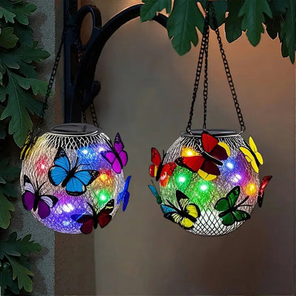 Solar Garden Pendant Light – Handcrafted Iron Art Lantern with Butterfly Decor