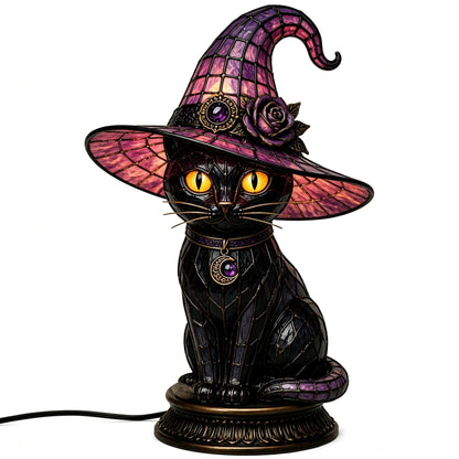 🐈 Gothic Stained Glass Witch Black Cat Table Lamp | Halloween Witch Hat Night Light Decor