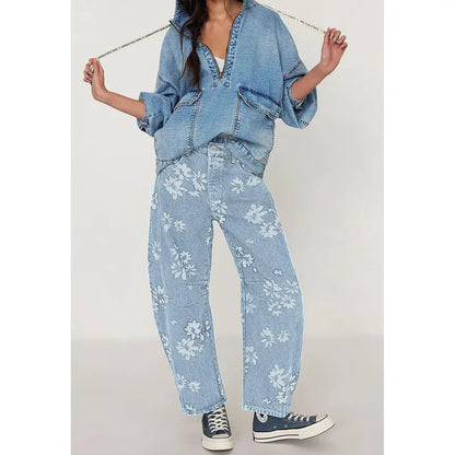 Women's Y2K Floral Print Wide-Leg Jeans – Loose Boyfriend Fit Denim