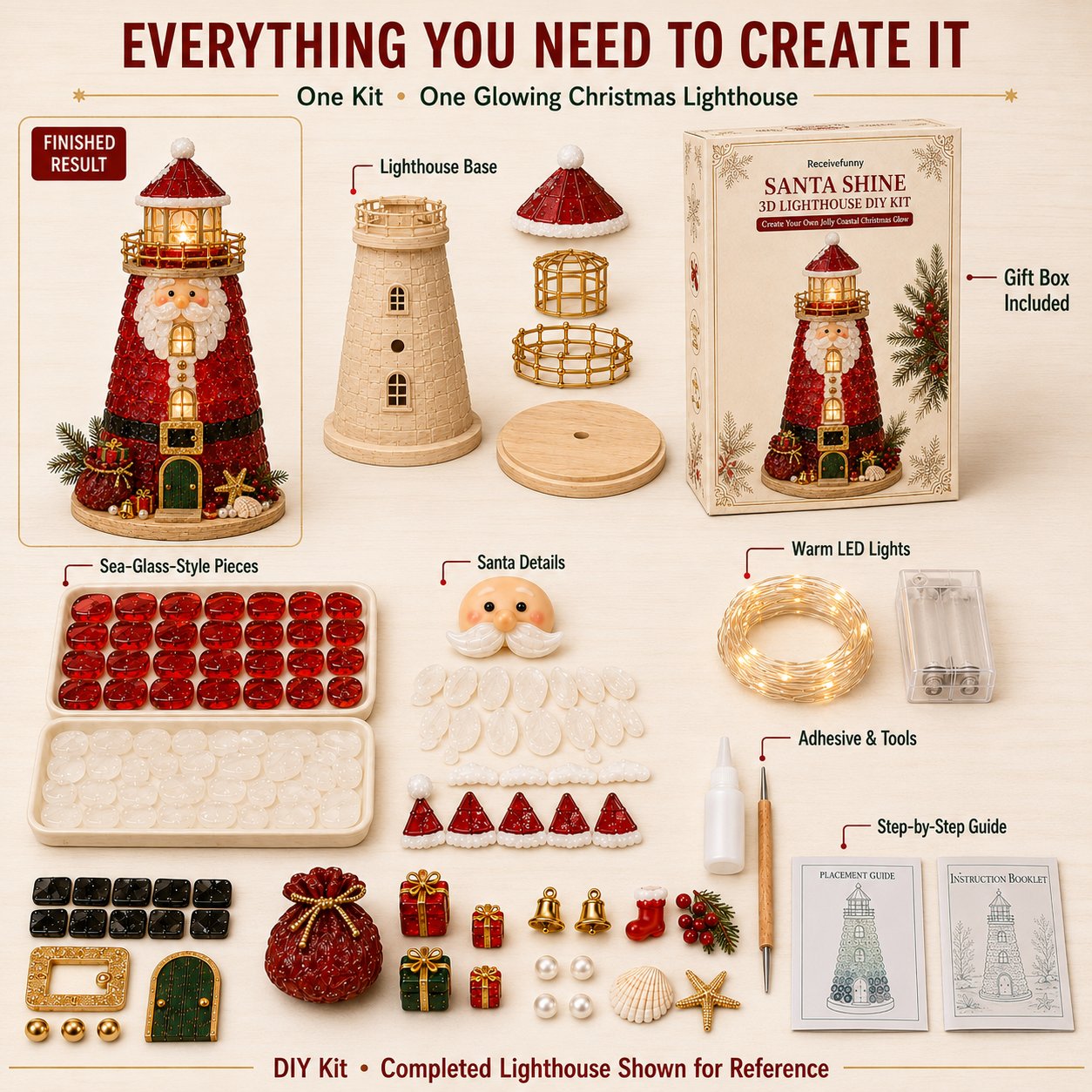 DIY Lighted Christmas Lighthouse Kit | Sea Glass-Style Pieces, LED Lights & 5 Festive Styles