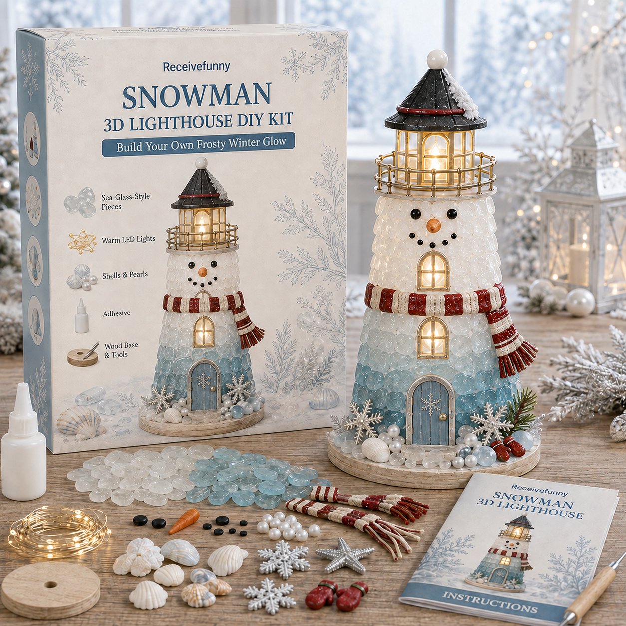 DIY Lighted Christmas Lighthouse Kit | Sea Glass-Style Pieces, LED Lights & 5 Festive Styles