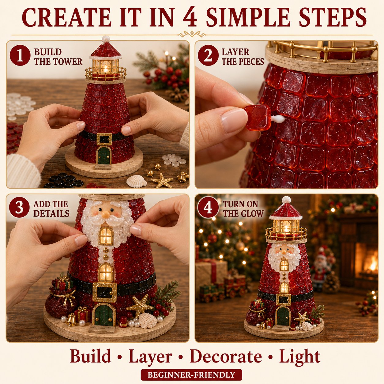 DIY Lighted Christmas Lighthouse Kit | Sea Glass-Style Pieces, LED Lights & 5 Festive Styles