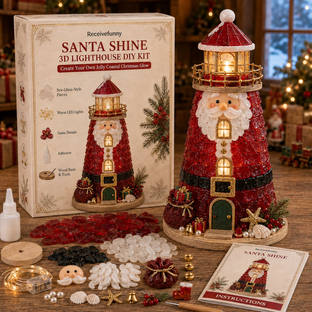 DIY Lighted Christmas Lighthouse Kit | Sea Glass-Style Pieces, LED Lights & 5 Festive Styles