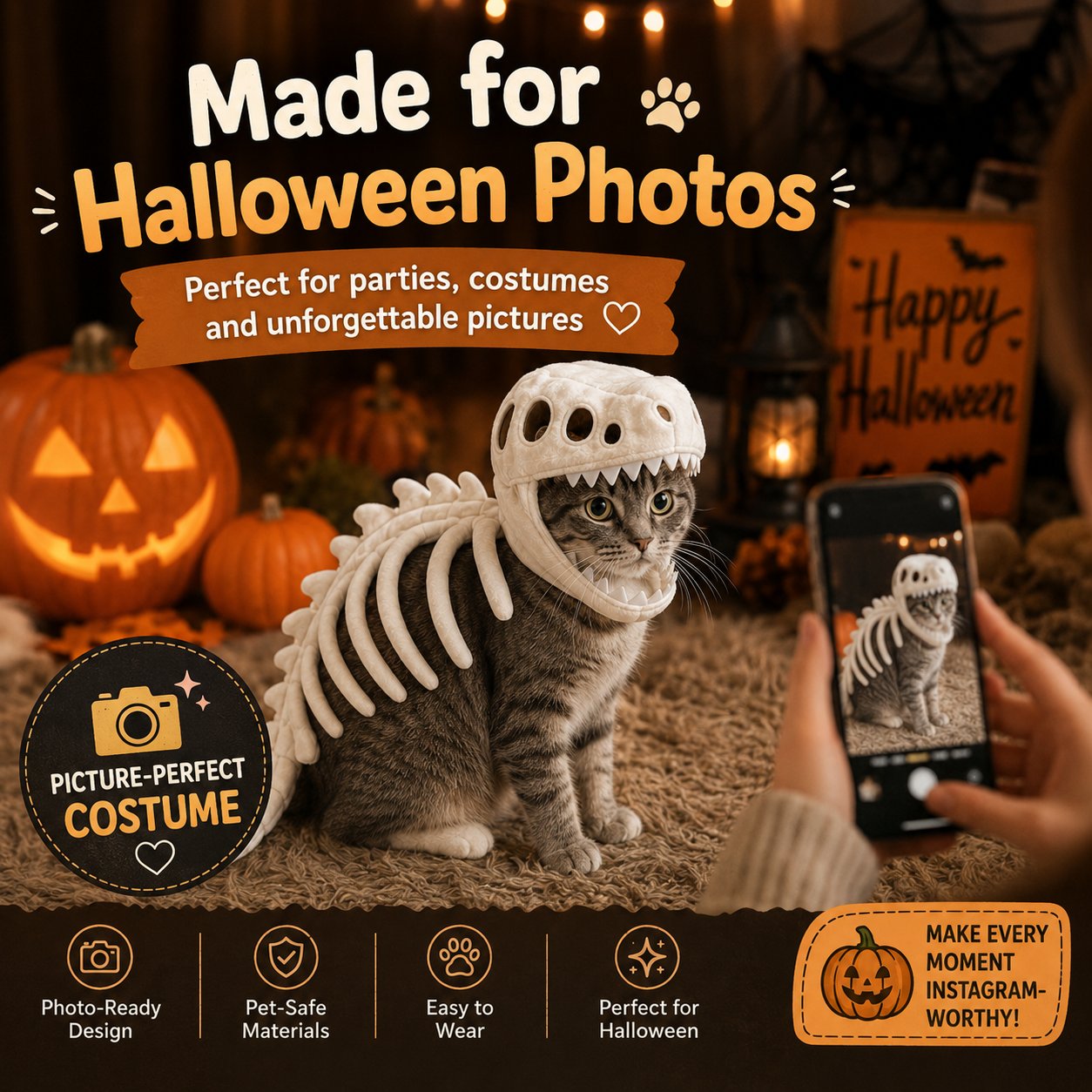 Glow-in-the-Dark Dinosaur Skeleton Pet Costume for Cats & Small Dogs