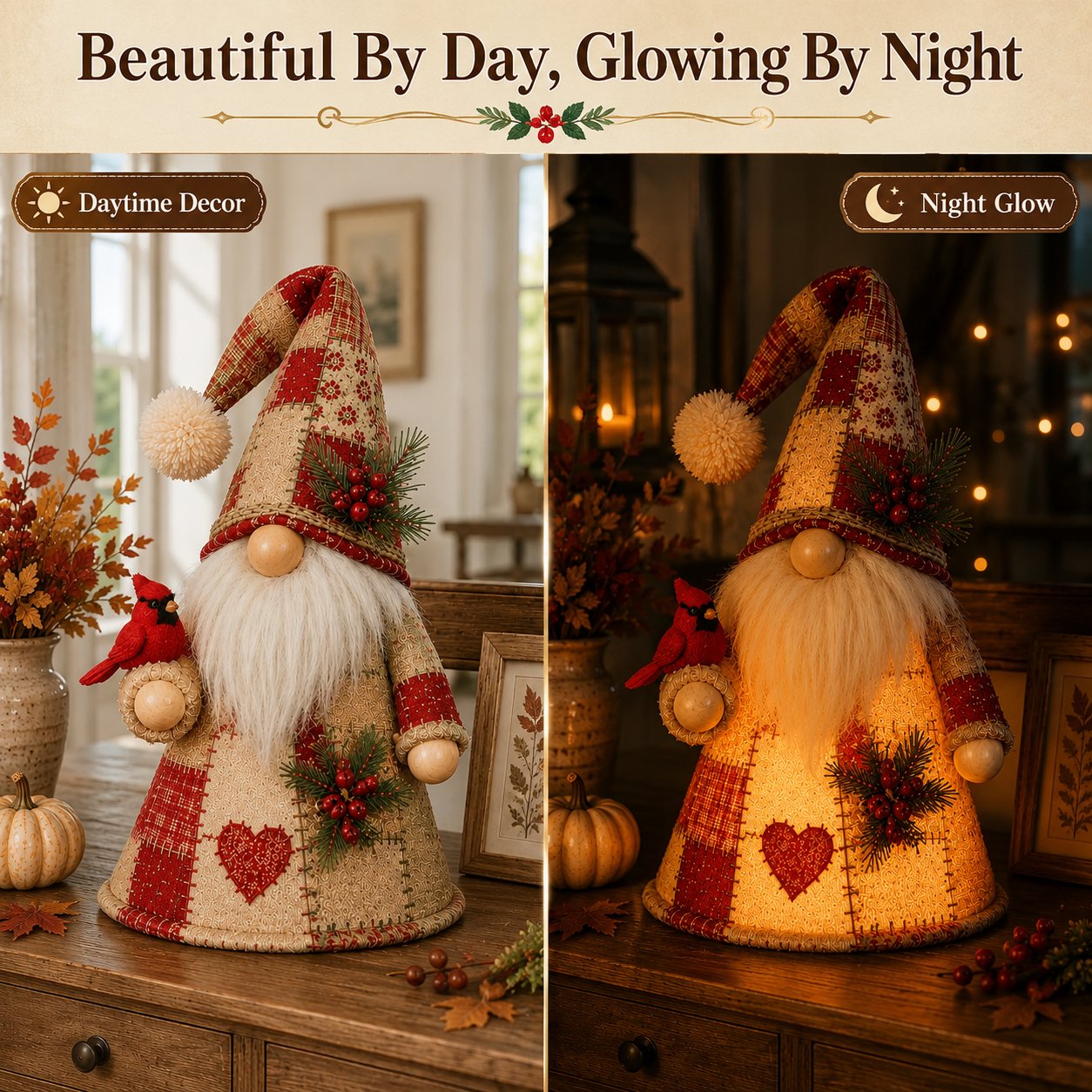 🐦 Patchwork Bird Gnome Light Collection | Warm Glowing Tabletop Decor with Farmhouse Patchwork Details for Mantels, Shelves & Holiday Gifts ✨