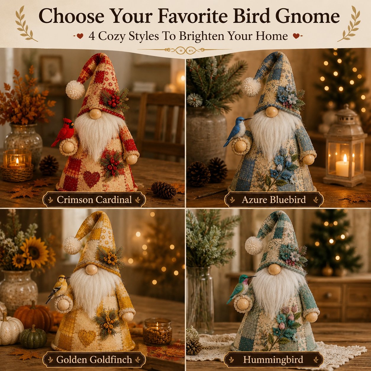 🐦 Patchwork Bird Gnome Light Collection | Warm Glowing Tabletop Decor with Farmhouse Patchwork Details for Mantels, Shelves & Holiday Gifts ✨