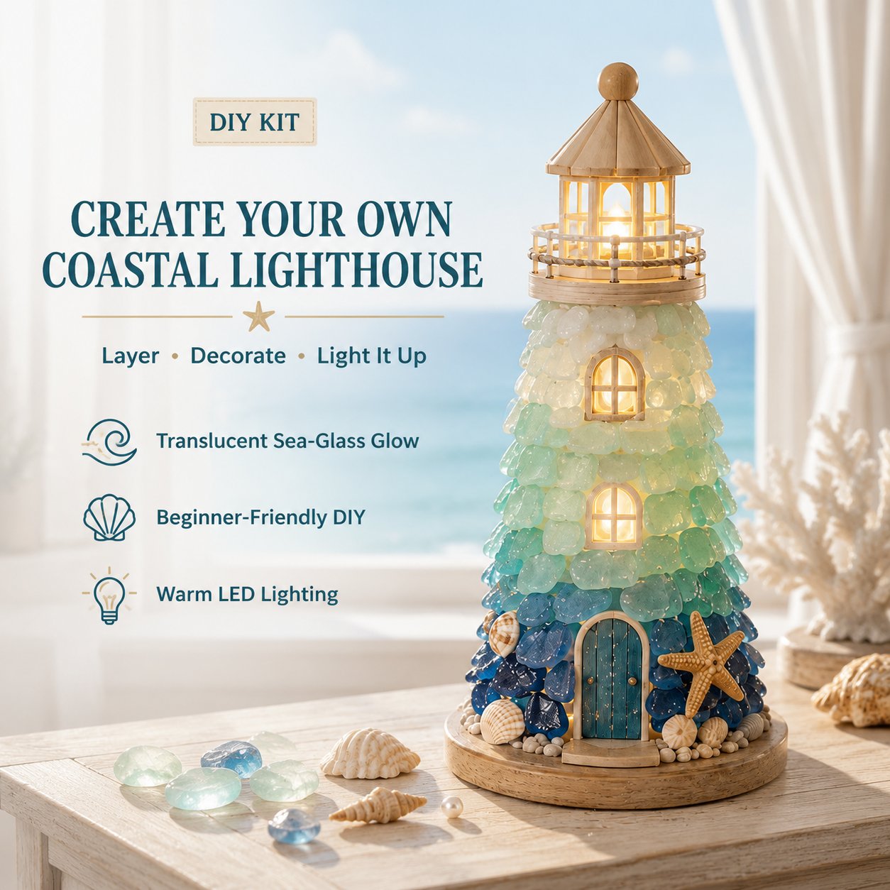 DIY Sea Glass Lighthouse Kit – LED Coastal Craft Decoration