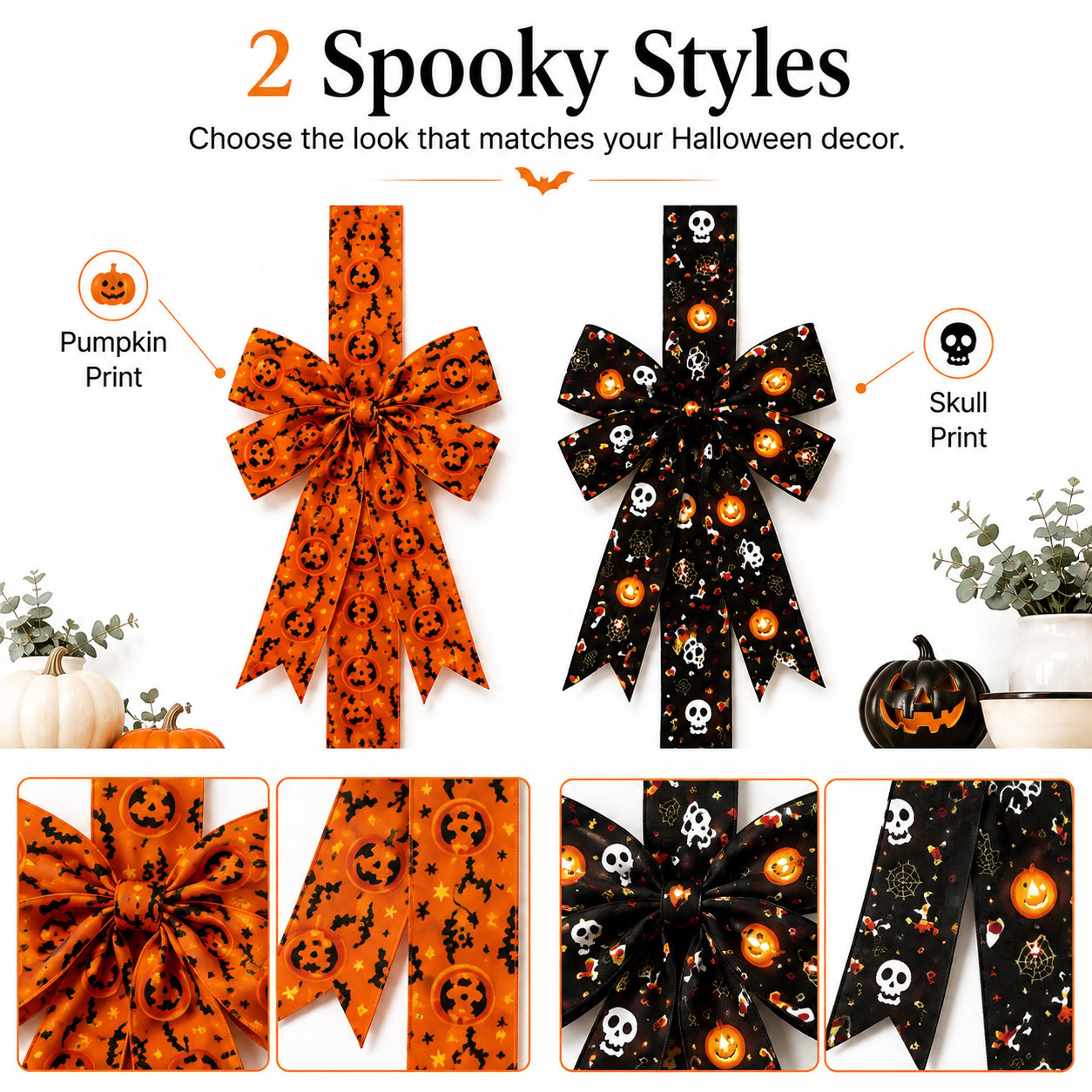 Halloween Cabinet Door Bow Ribbon Decorations – Pumpkin & Skull Oversized Bow