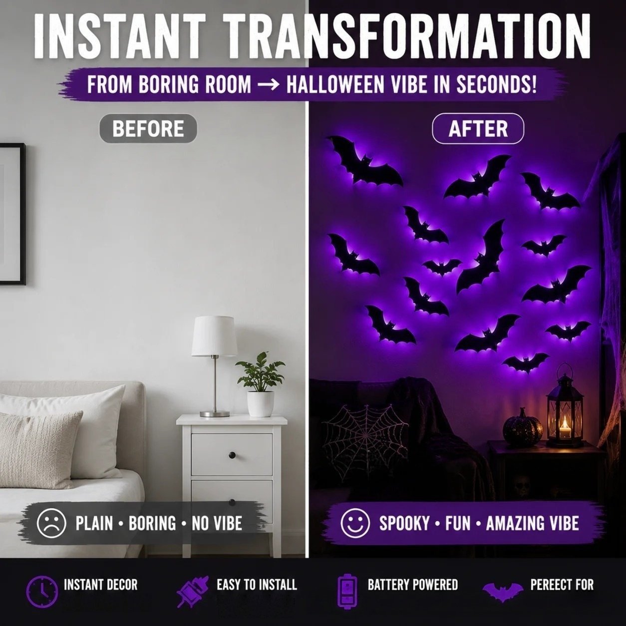 3D Halloween LED Bat & Spider Night Light | Spooky Wall Decor 12 & 24 Pack
