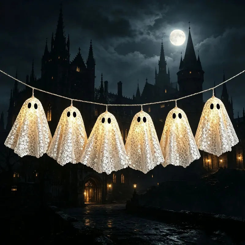 10pcs Halloween Ghost String Lights, Atmospheric Glitter Ghost LED Lights, Battery Operated
