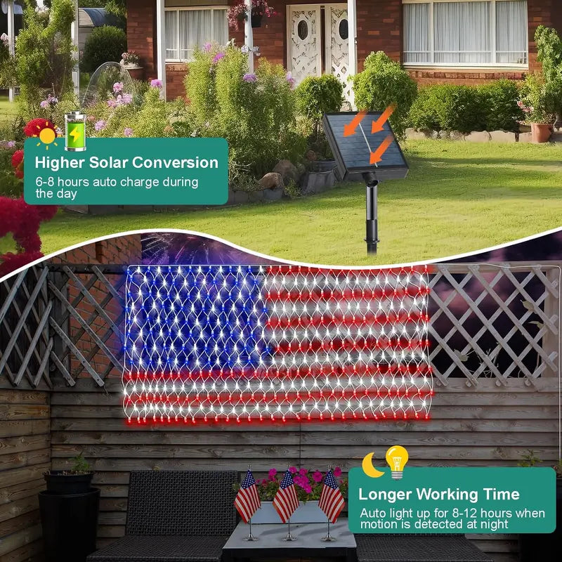 Memorial Day-Solar American Flag Lights Outdoor,420 LEDs American Flag Net Lights 6.5ft x 3.28ft Super Bright