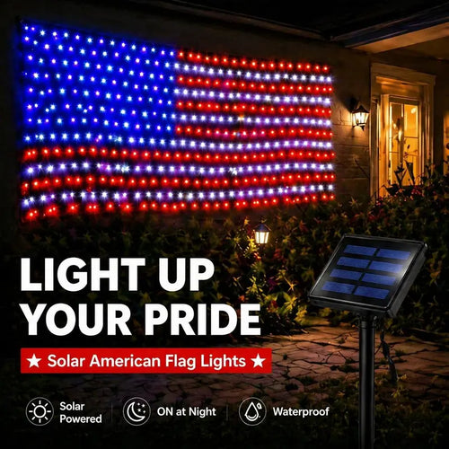 Memorial Day-Solar American Flag Lights Outdoor,420 LEDs American Flag Net Lights 6.5ft x 3.28ft Super Bright