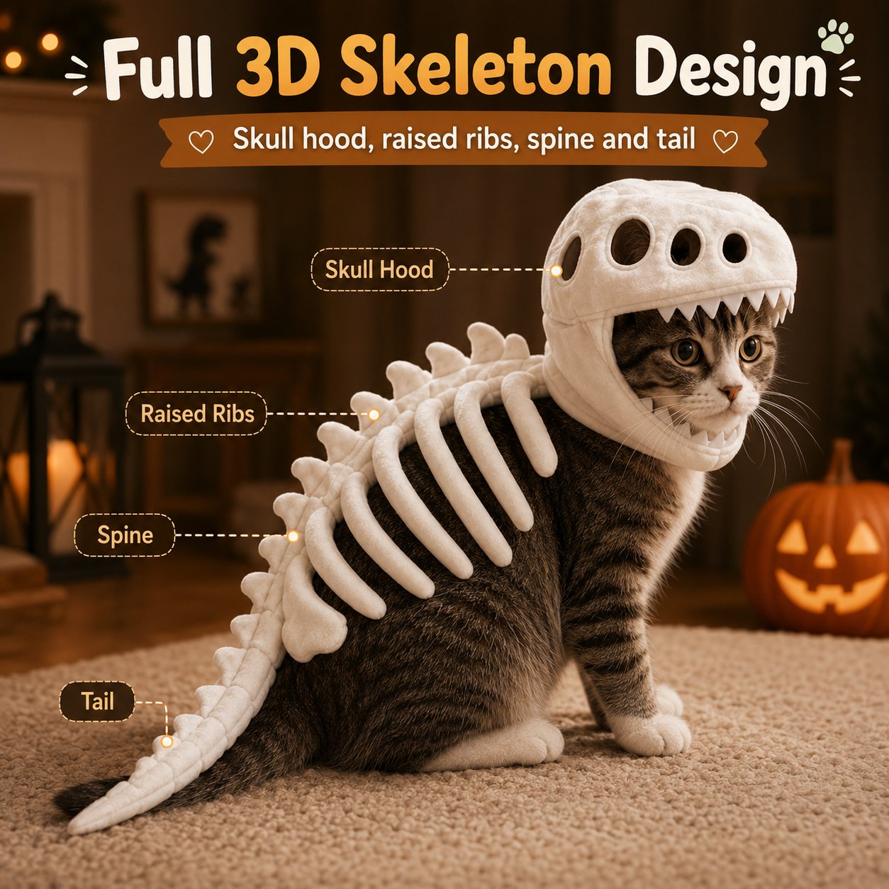 Glow-in-the-Dark Dinosaur Skeleton Pet Costume for Cats & Small Dogs