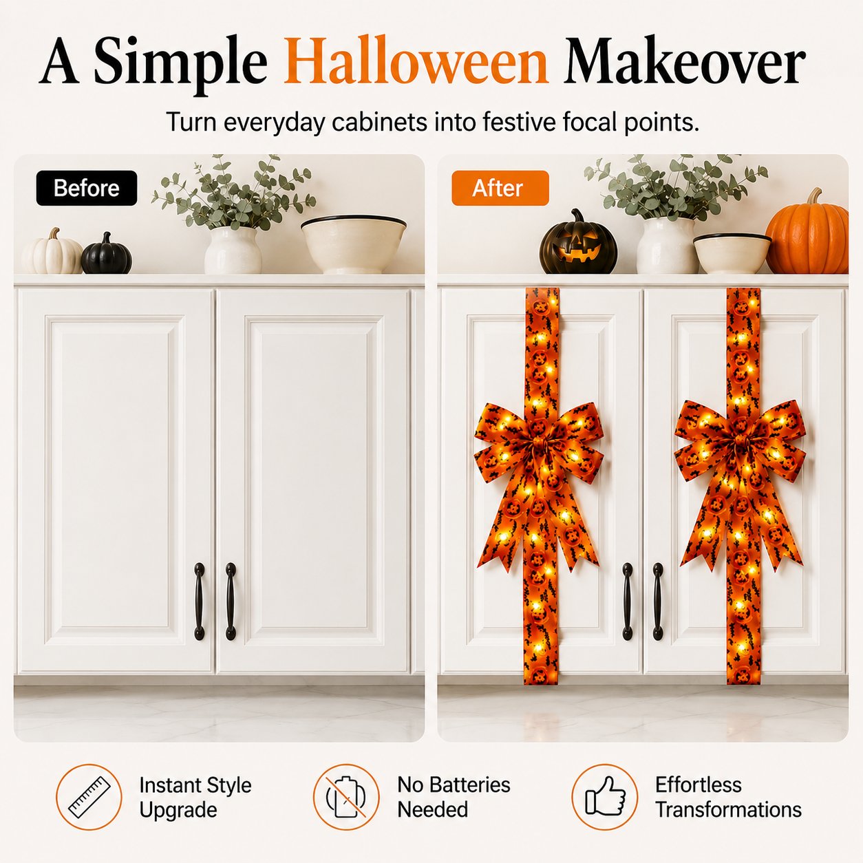 Halloween Cabinet Door Bow Ribbon Decorations – Pumpkin & Skull Oversized Bow