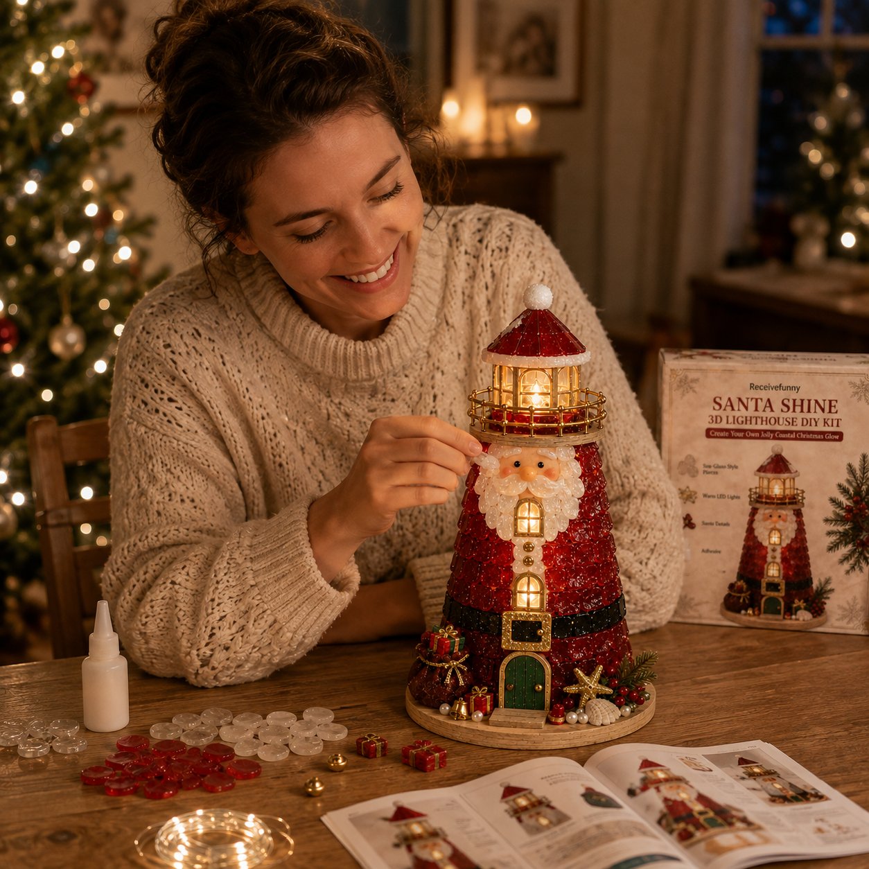 DIY Lighted Christmas Lighthouse Kit | Sea Glass-Style Pieces, LED Lights & 5 Festive Styles