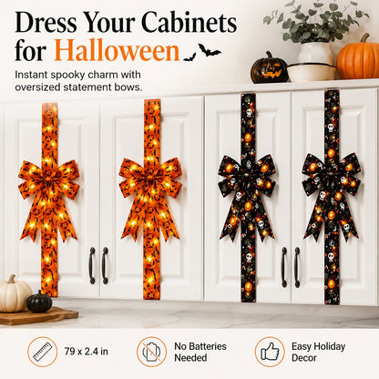 Halloween Cabinet Door Bow Ribbon Decorations – Pumpkin & Skull Oversized Bow