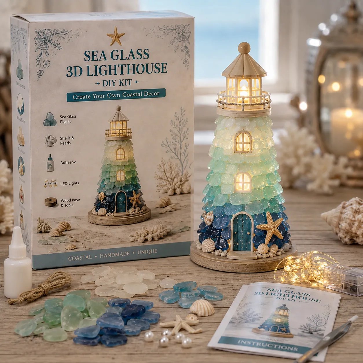 DIY Sea Glass Lighthouse Kit – LED Coastal Craft Decoration