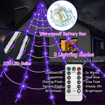 Halloween LED Spider Web Lights & Giant Black Spider Decor | 250 LEDs, 8 Modes, Remote Control