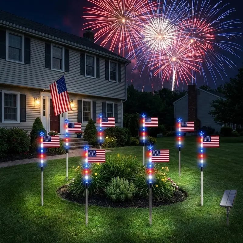 🎉8 Solar American Flag Pathway Lights – Red, White & Blue Yard Glow for 250th Independence Celebration 🇺🇸✨