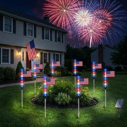 🎉8 Solar American Flag Pathway Lights – Red, White & Blue Yard Glow for 250th Independence Celebration 🇺🇸✨