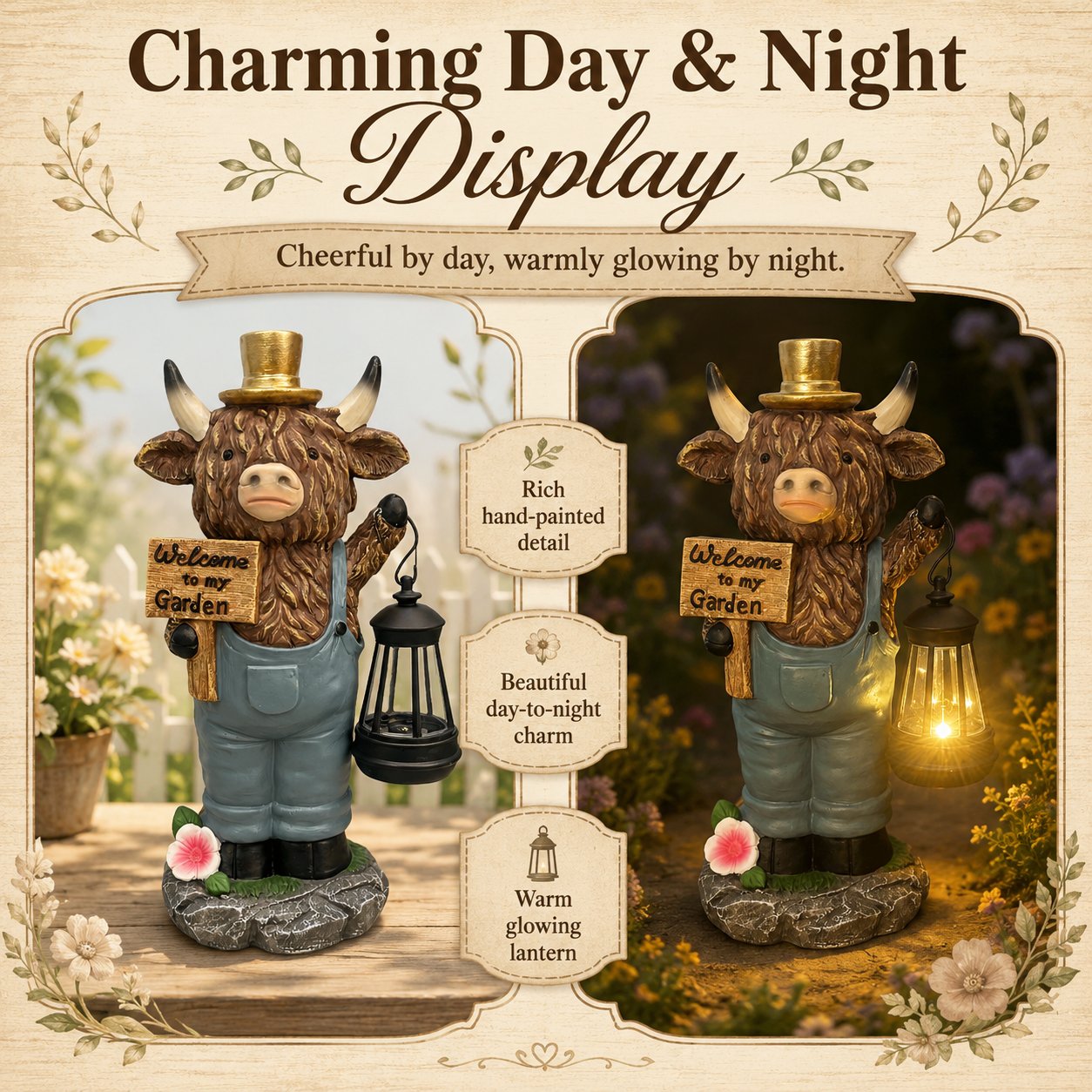 Handcrafted Highland Cow Solar Garden Lantern Statue