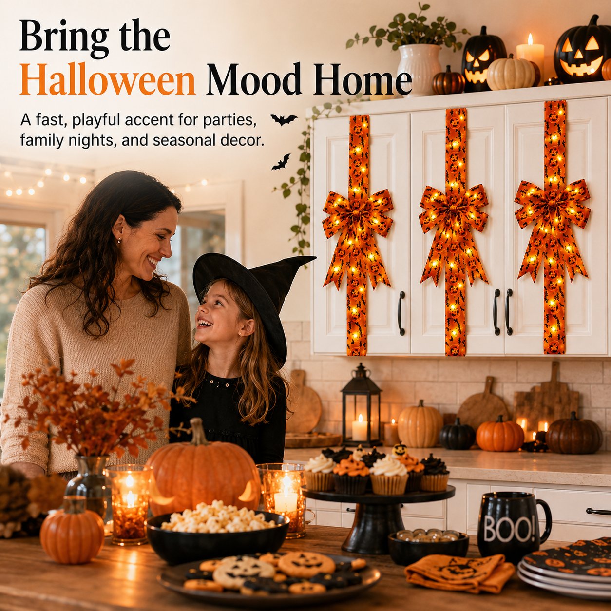 Halloween Cabinet Door Bow Ribbon Decorations – Pumpkin & Skull Oversized Bow