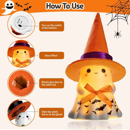 👻🌟3Pcs Light-up Ceramic Ghost Halloween Decor | Cute Ghost Figurines with Colorful Witch Hats