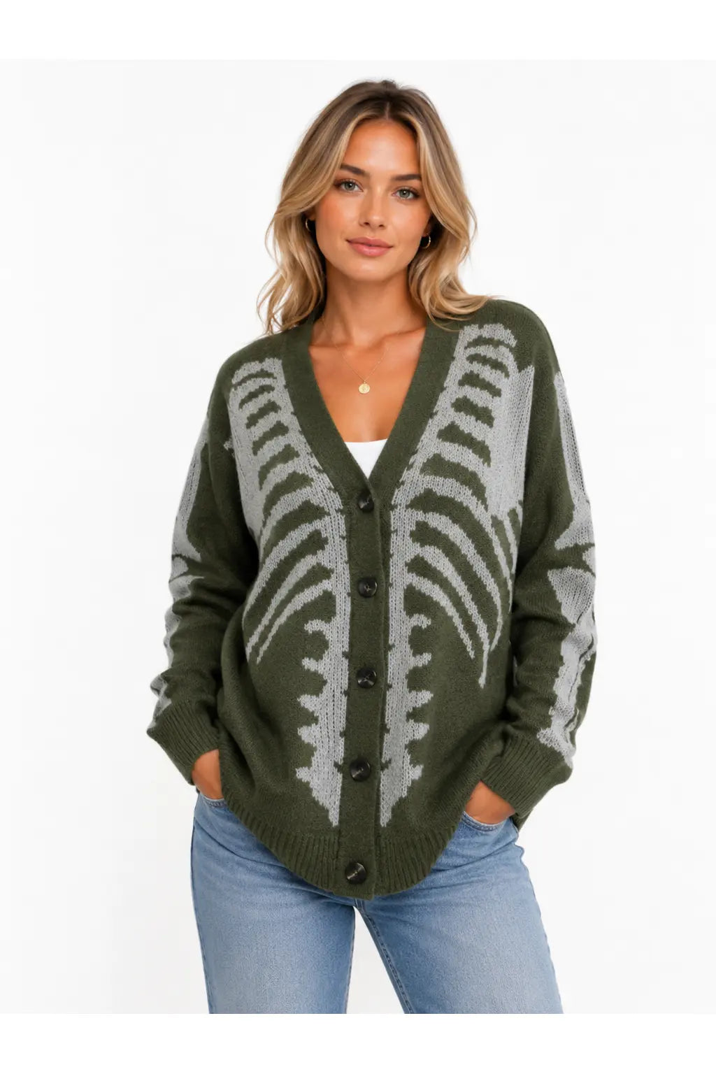 Unisex Skeleton Print Knit Cardigan – V-Neck Button-Up Oversized Sweater