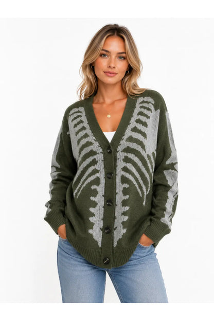 Unisex Skeleton Print Knit Cardigan – V-Neck Button-Up Oversized Sweater