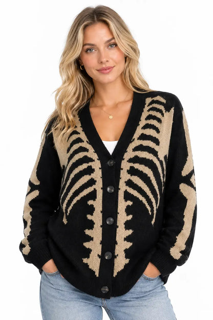 Unisex Skeleton Print Knit Cardigan – V-Neck Button-Up Oversized Sweater