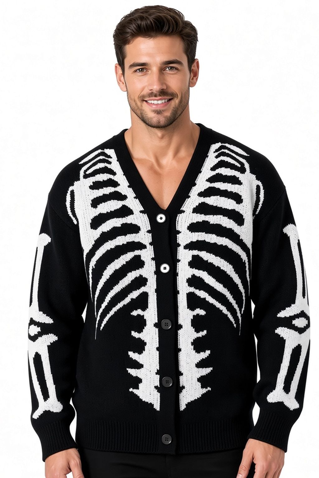 Unisex Skeleton Print Knit Cardigan – V-Neck Button-Up Oversized Sweater