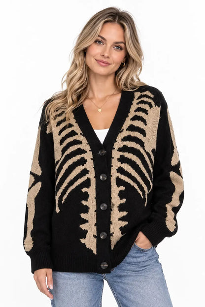 Unisex Skeleton Print Knit Cardigan – V-Neck Button-Up Oversized Sweater